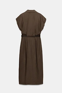LINEN BLEND MIDI DRESS WITH BELT