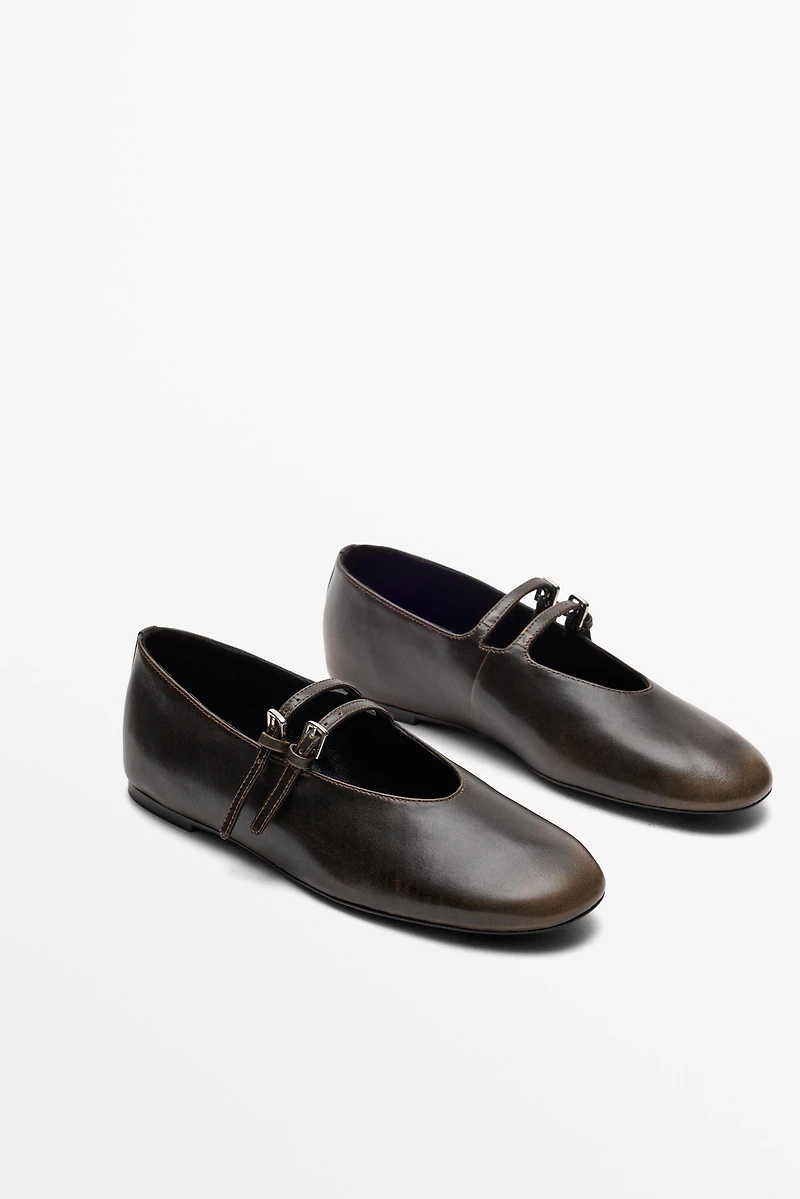 Double-strap leather ballet flat
