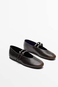 Double-strap leather ballet flat
