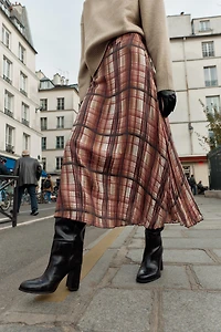 JUPE MI-LONGUE À CARREAUX EFFET FROISSÉ