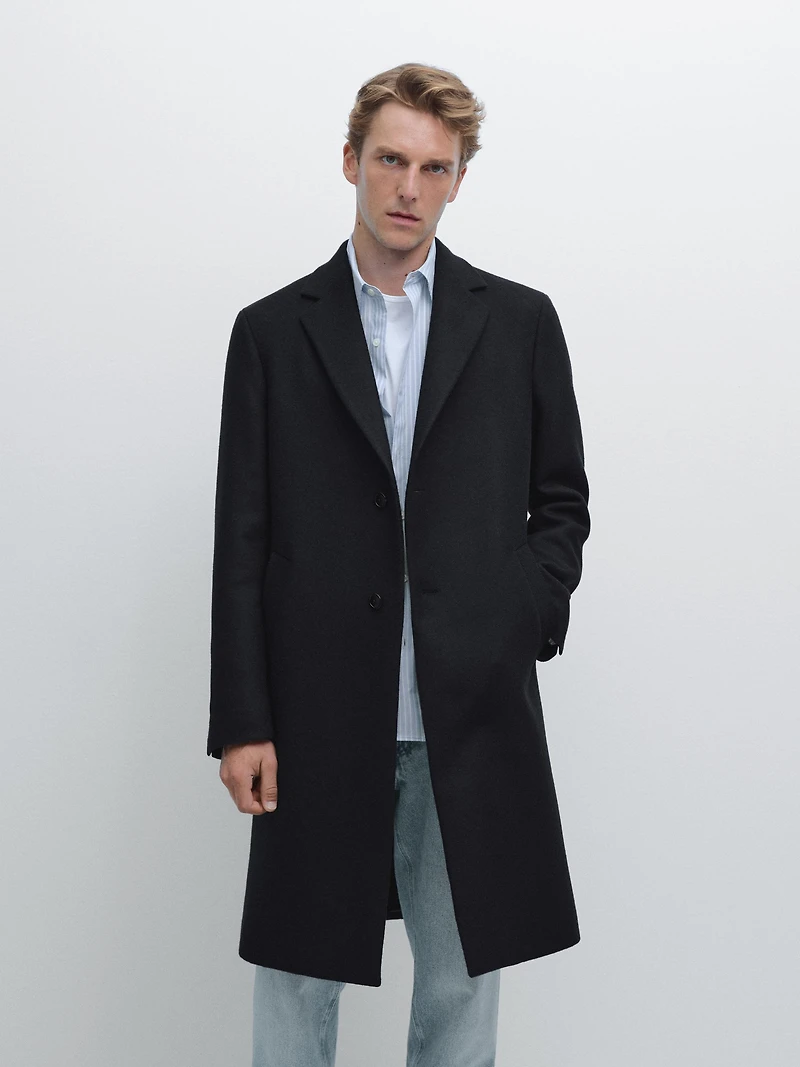 Manteau long à revers 100 % laine