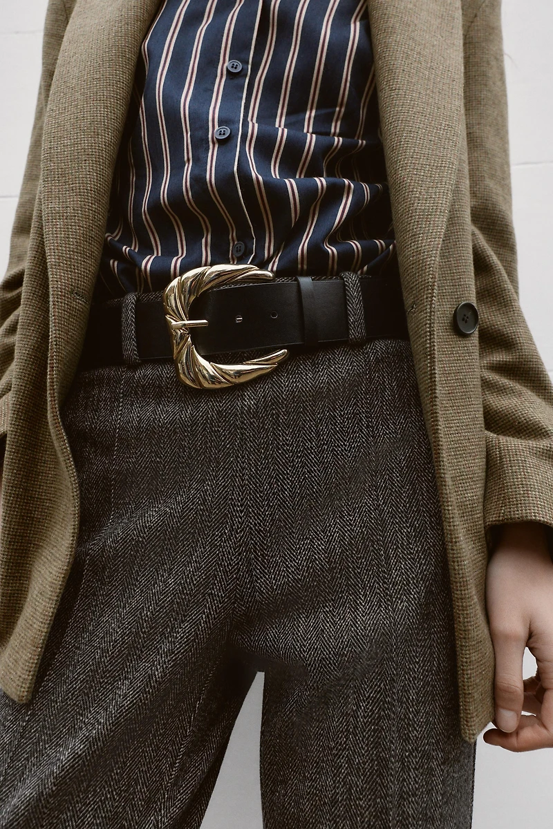 HERRINGBONE BELTED PANTS