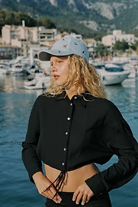 CROPPED POLKA DOT CHIFFON SHIRT WITH DRAWSTRING