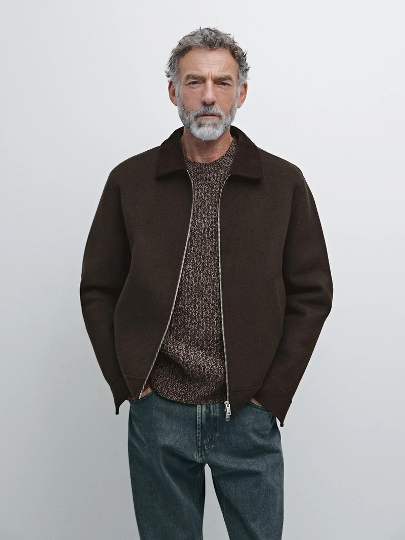 Wool jacket with double corduroy collar