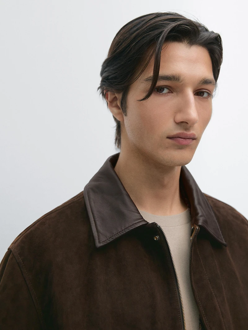 Suede leather jacket with collar detail