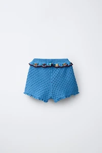 COTTON-LINEN KNIT SHORTS WITH RUFFLES AND EMBROIDERY