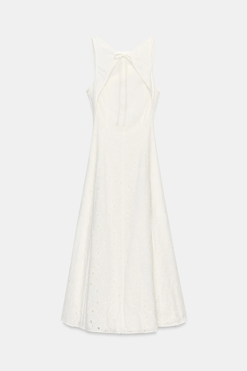 EMBROIDERED EYELET MIDI DRESS