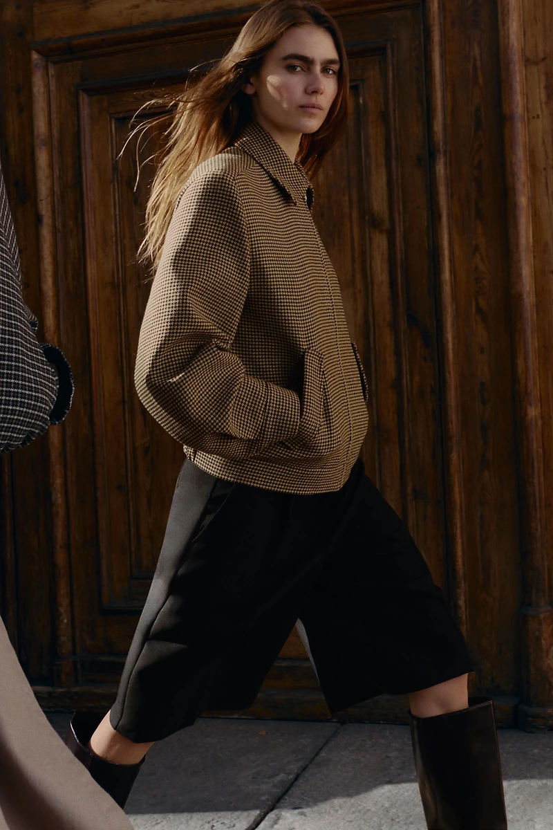 HOUNDSTOOTH BOMBER JACKET WITH SHOULDER PADS