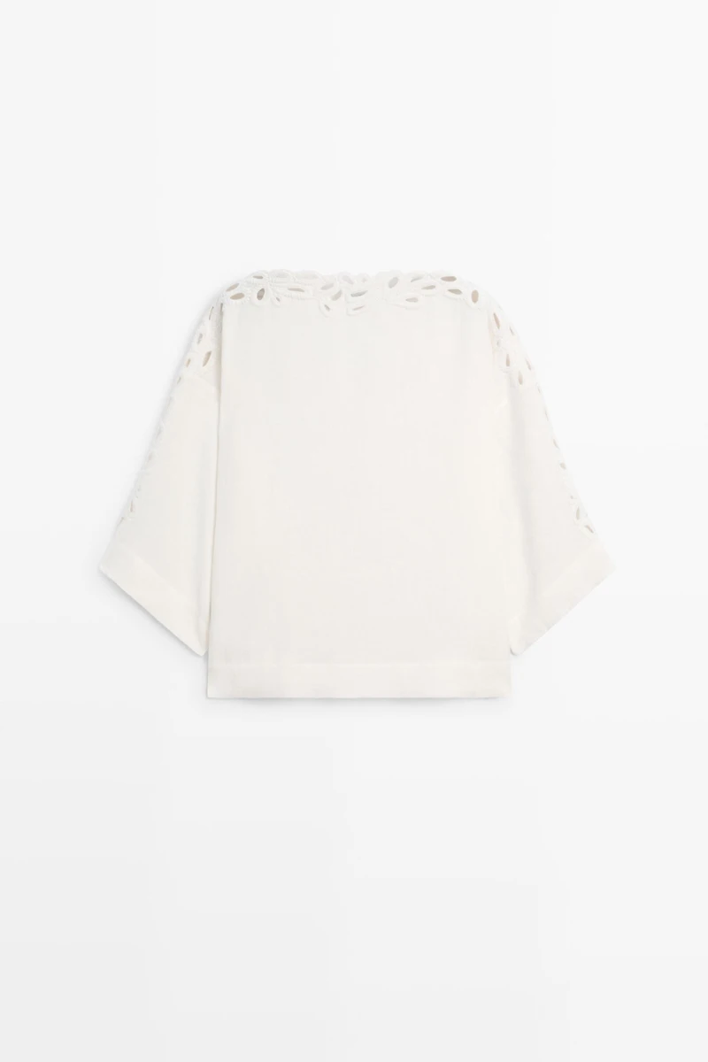 Linen boat neck blouse with embroidery