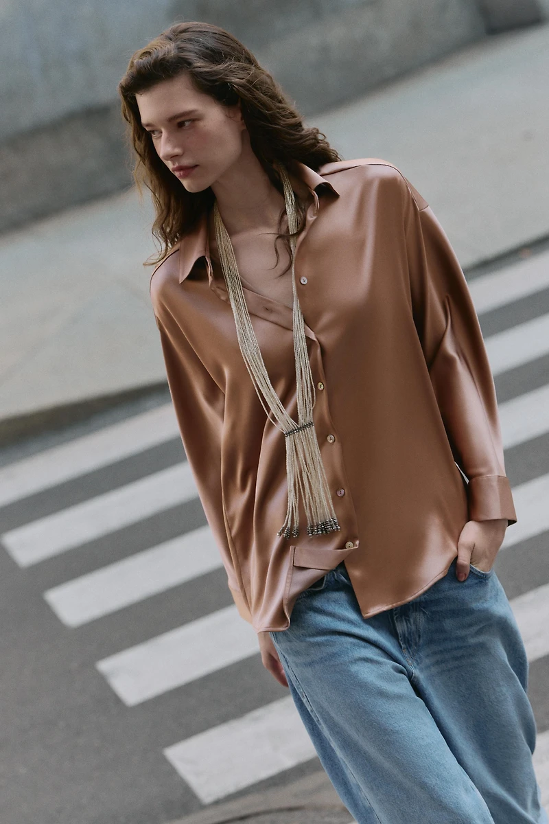 SATIN EFFECT DROP SHOULDER SHIRT