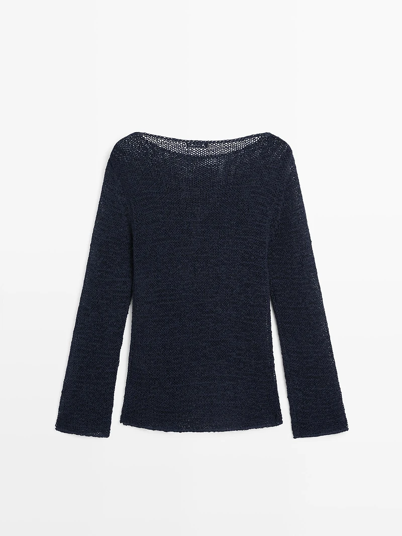 Cotton blend knit boat neck sweater