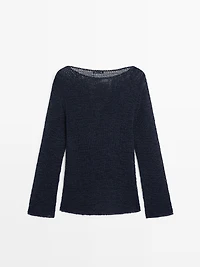 Cotton blend knit boat neck sweater