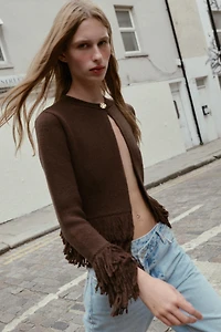 FRINGED BUTTON KNIT CARDIGAN