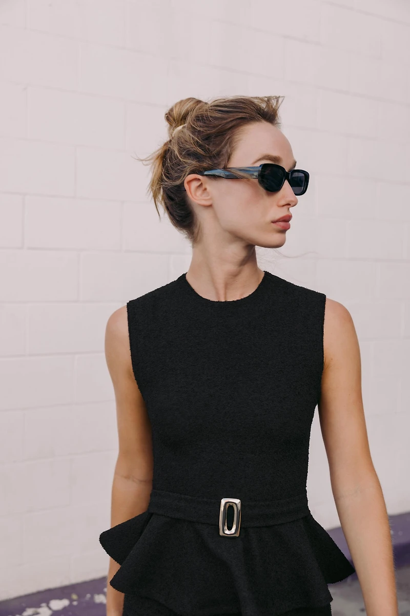 BOUCLÉ BUCKLE PEPLUM TOP