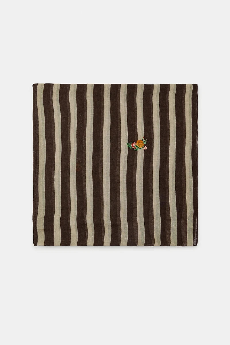 EMBROIDERED FLORAL STRIPED LINEN SCARF