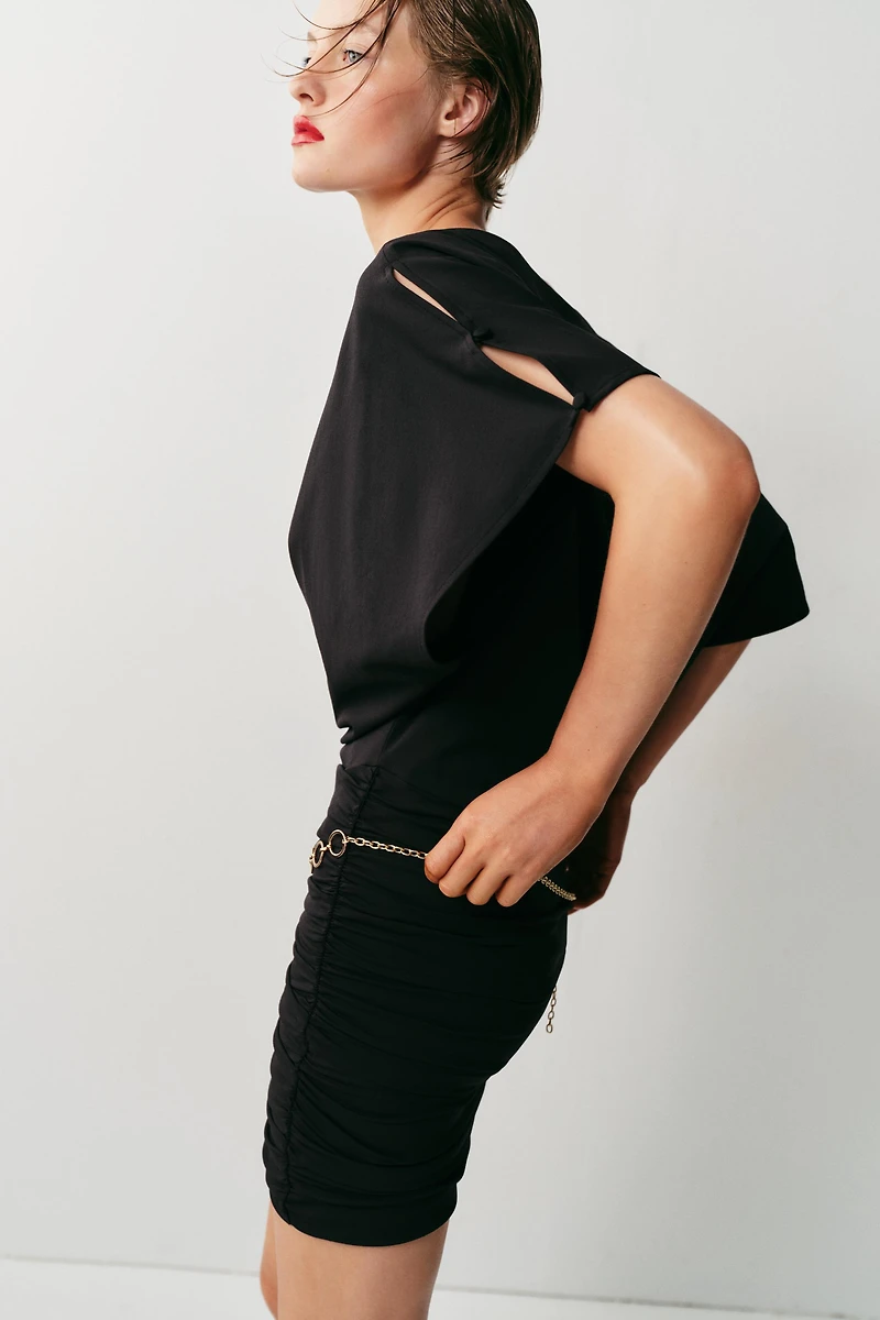 SHORT DRAPED BELTED DRESS