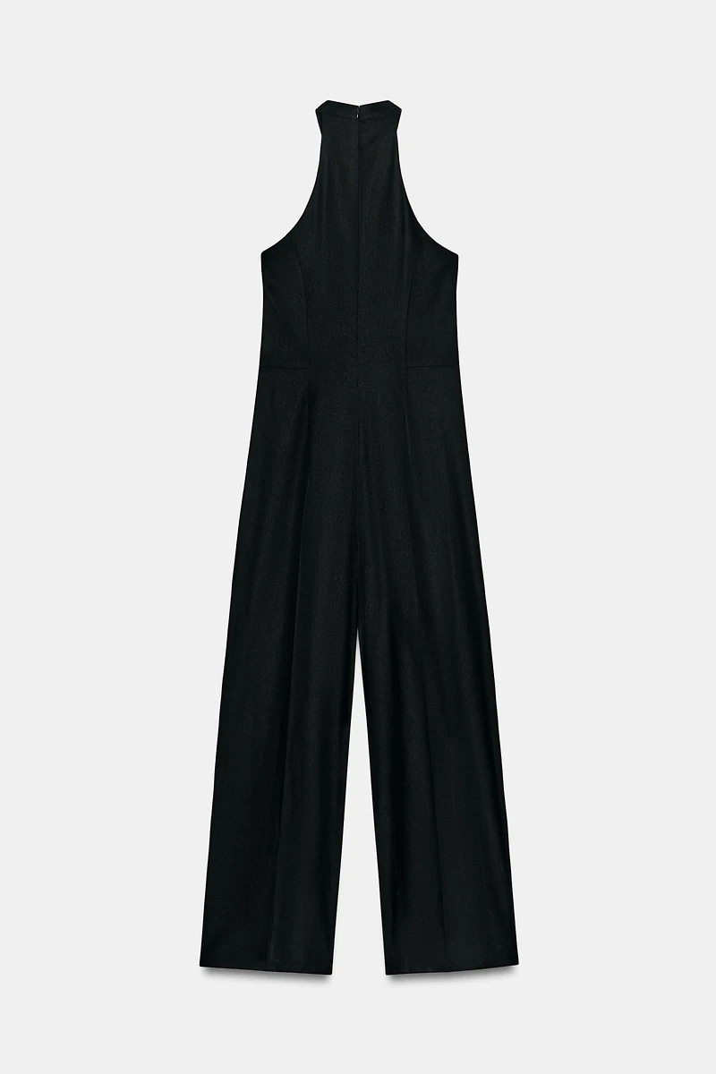 LINEN BLEND WIDE-LEG HALTER JUMPSUIT