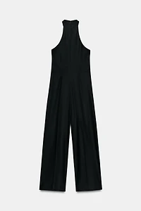 LINEN BLEND WIDE-LEG HALTER JUMPSUIT