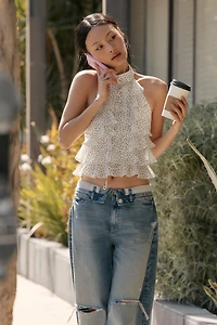 TOP EN GEORGETTE À ENCOLURE AMÉRICAINE ET POIS