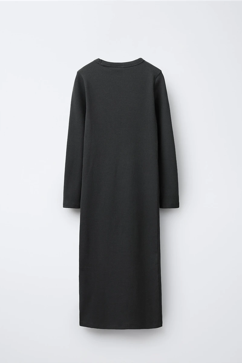 LONG RIBBED DRESS WITH RHINESTONE TEXT