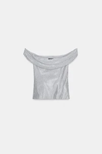 RHINESTONE DRAPED MESH TOP