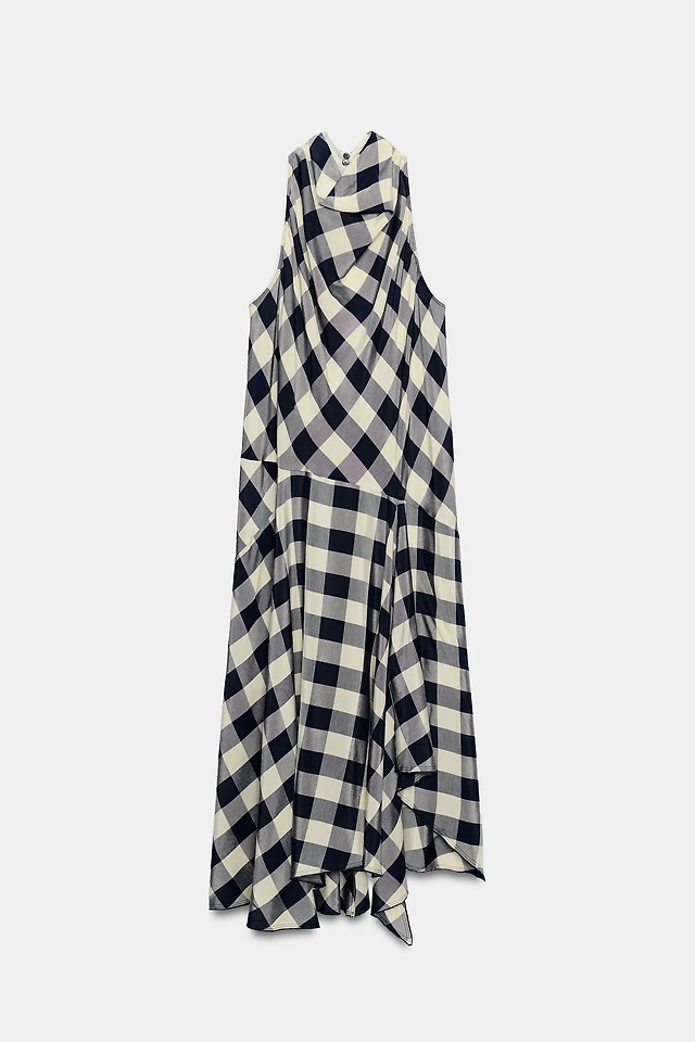 gingham halter dress zara Zara gingham halter plunge a-line pink linen dress -