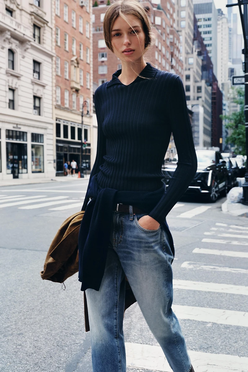 RIBBED KNIT POLO TOP