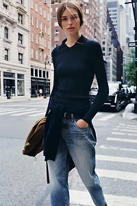 RIBBED KNIT POLO TOP