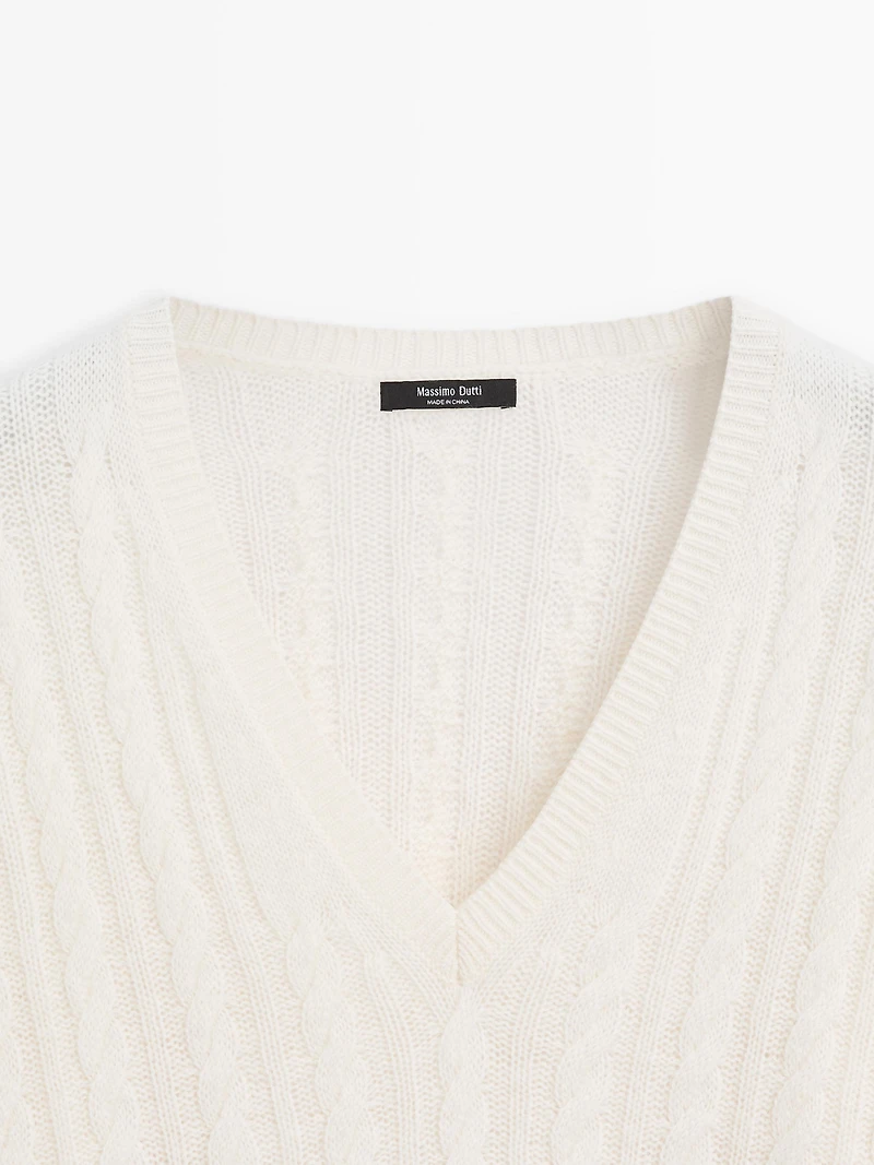 Cable-knit V-neck sweater