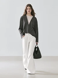 Cotton blend knit sweater with contrast fabric