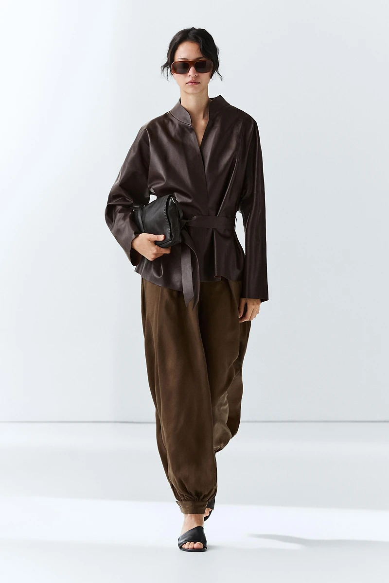 Wrap-front nappa leather jacket with tie detail