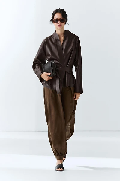 Wrap-front nappa leather jacket with tie detail