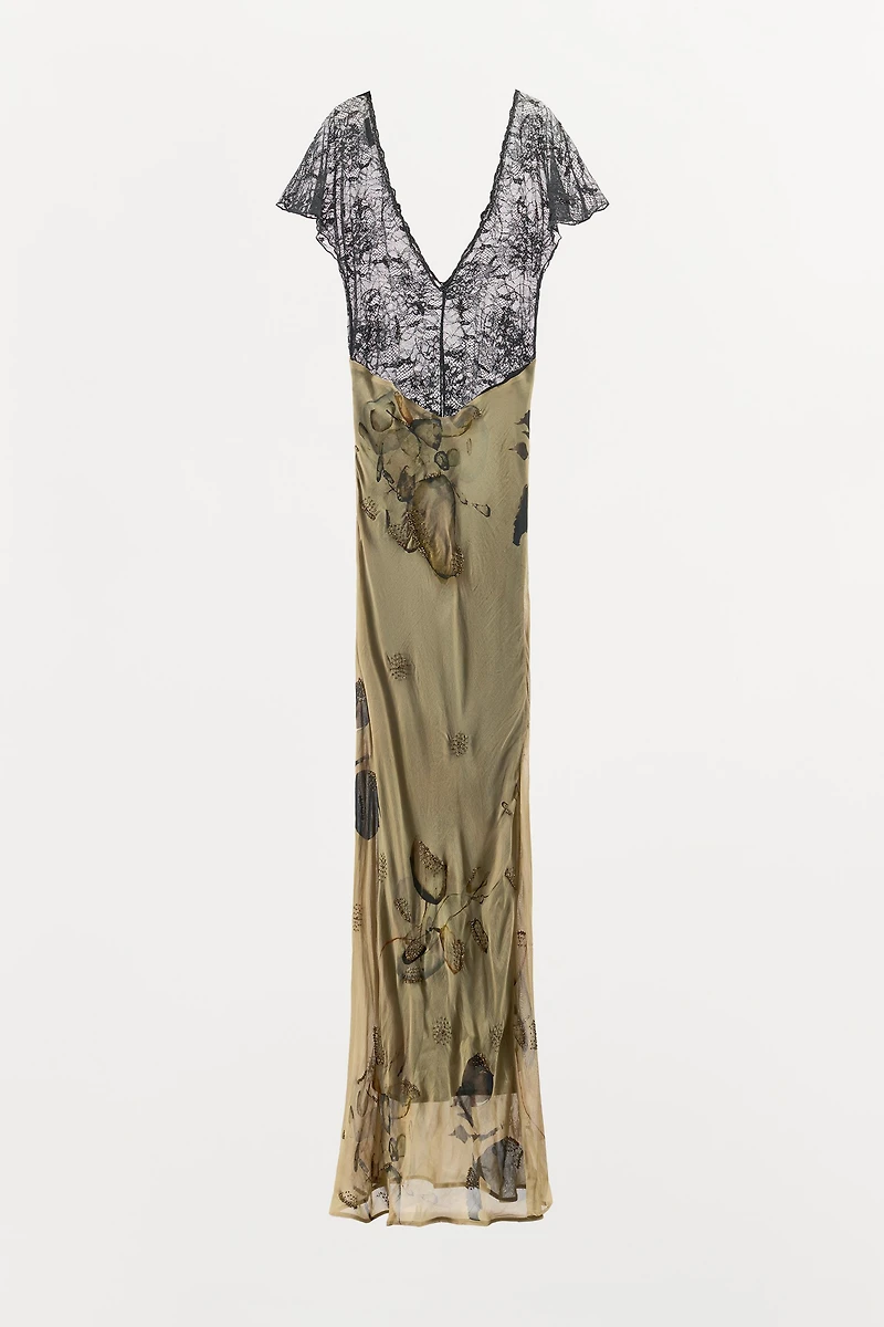 BEADED LACE PRINT DRESS
