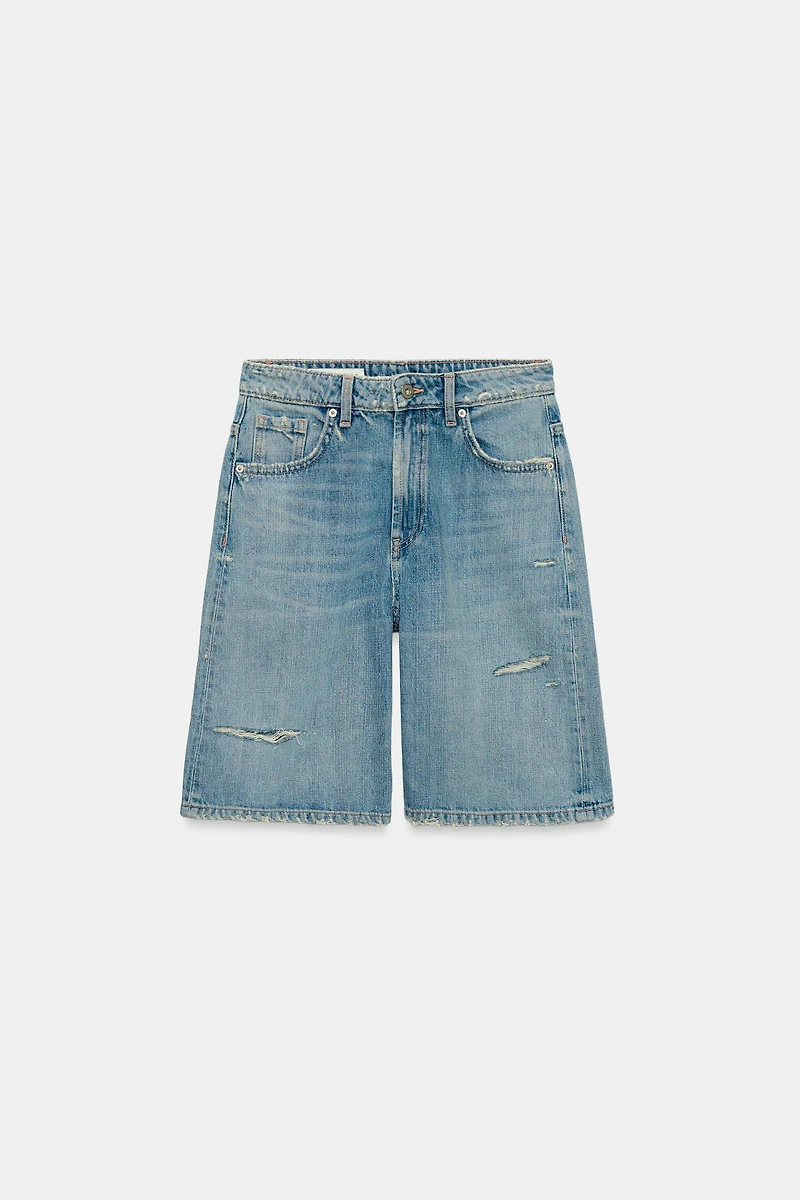 BERMUDA BAGGY EN JEAN TRF TAILLE MI-HAUTE DÉCHIRÉ