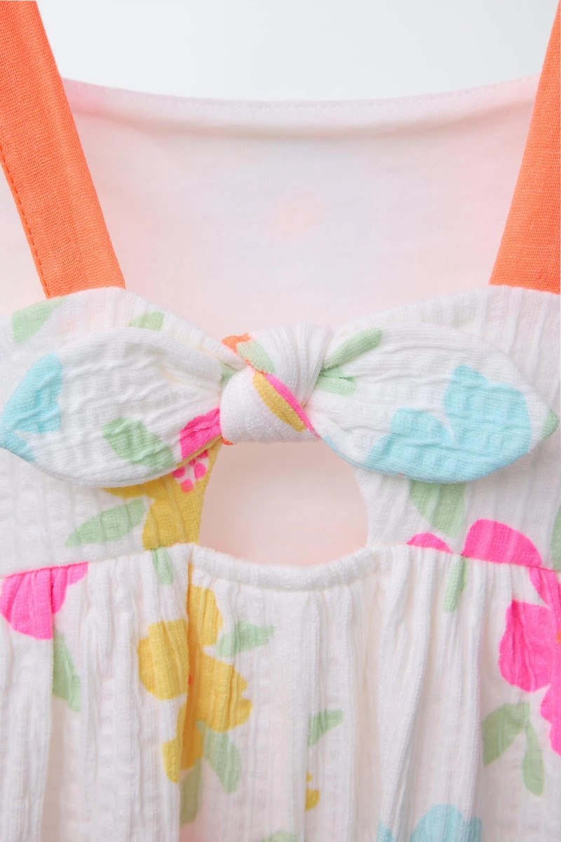 TEXTURED PRINTED BOW DRESS