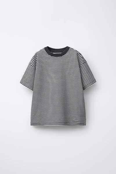 EMBROIDERED TEXT STRIPED HEAVY WEIGHT T-SHIRT
