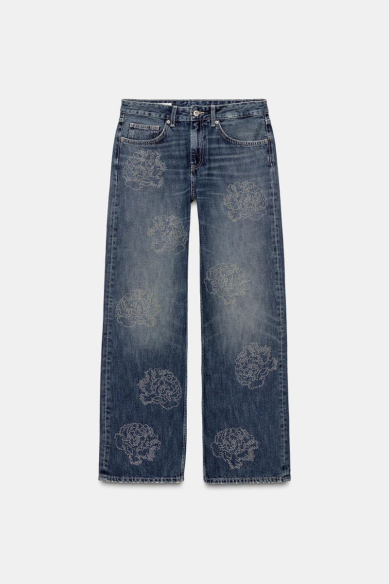 HI-RISE FLORAL TRF BARREL JEANS