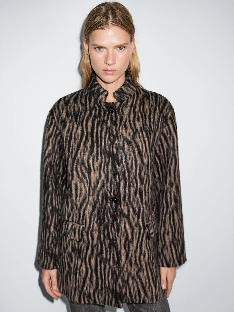 Wool blend animal print coat