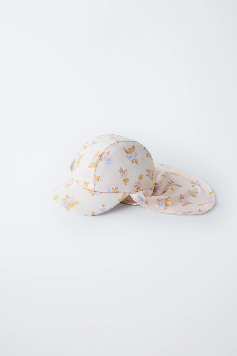 FLORAL PRINT SWIM HAT WITH NECK FLAP
