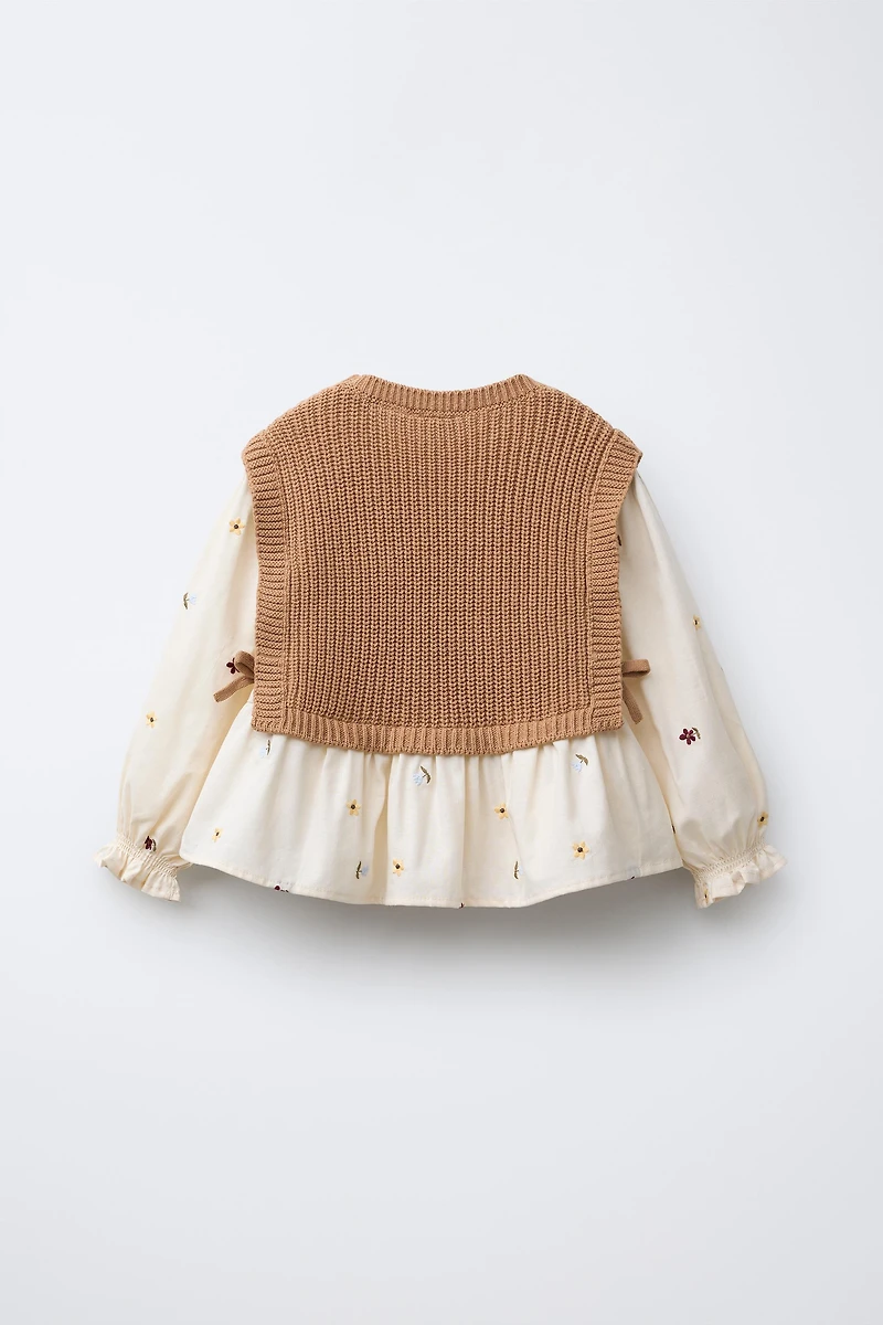 FLORAL EMBROIDERY SHIRT WITH KNIT VEST