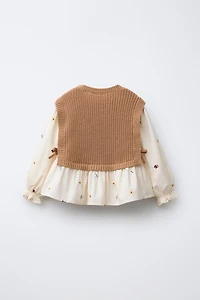 FLORAL EMBROIDERY SHIRT WITH KNIT VEST