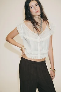 EMBROIDERED GAUZE BOW CROP TOP