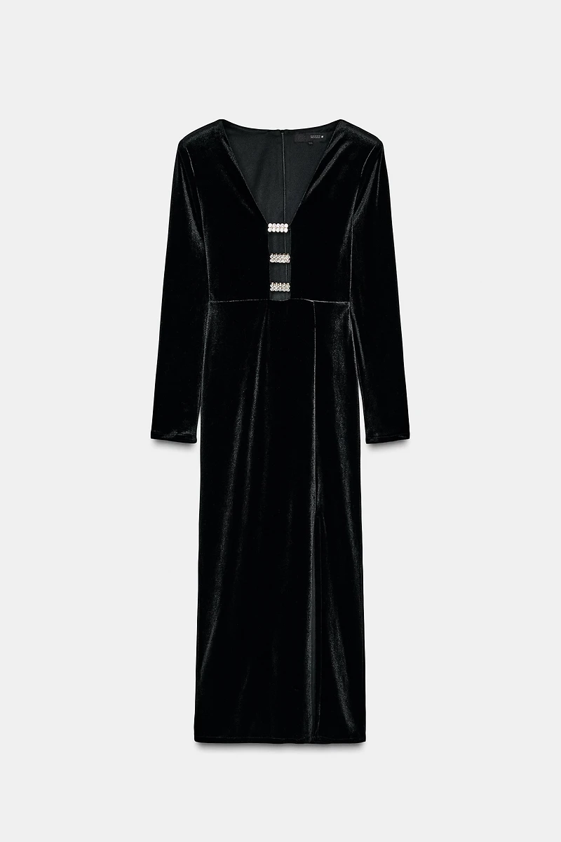 SHINY VELVET APPLIQUÉ MIDI DRESS