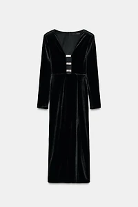 SHINY VELVET APPLIQUÉ MIDI DRESS