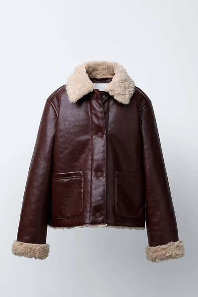 DOUBLE FACED FAUX LEATHER AND FLEECE JACKET