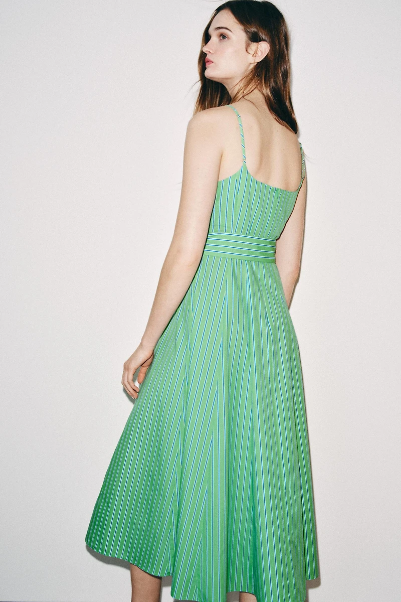 STRIPED BELTED MIDI DRESS