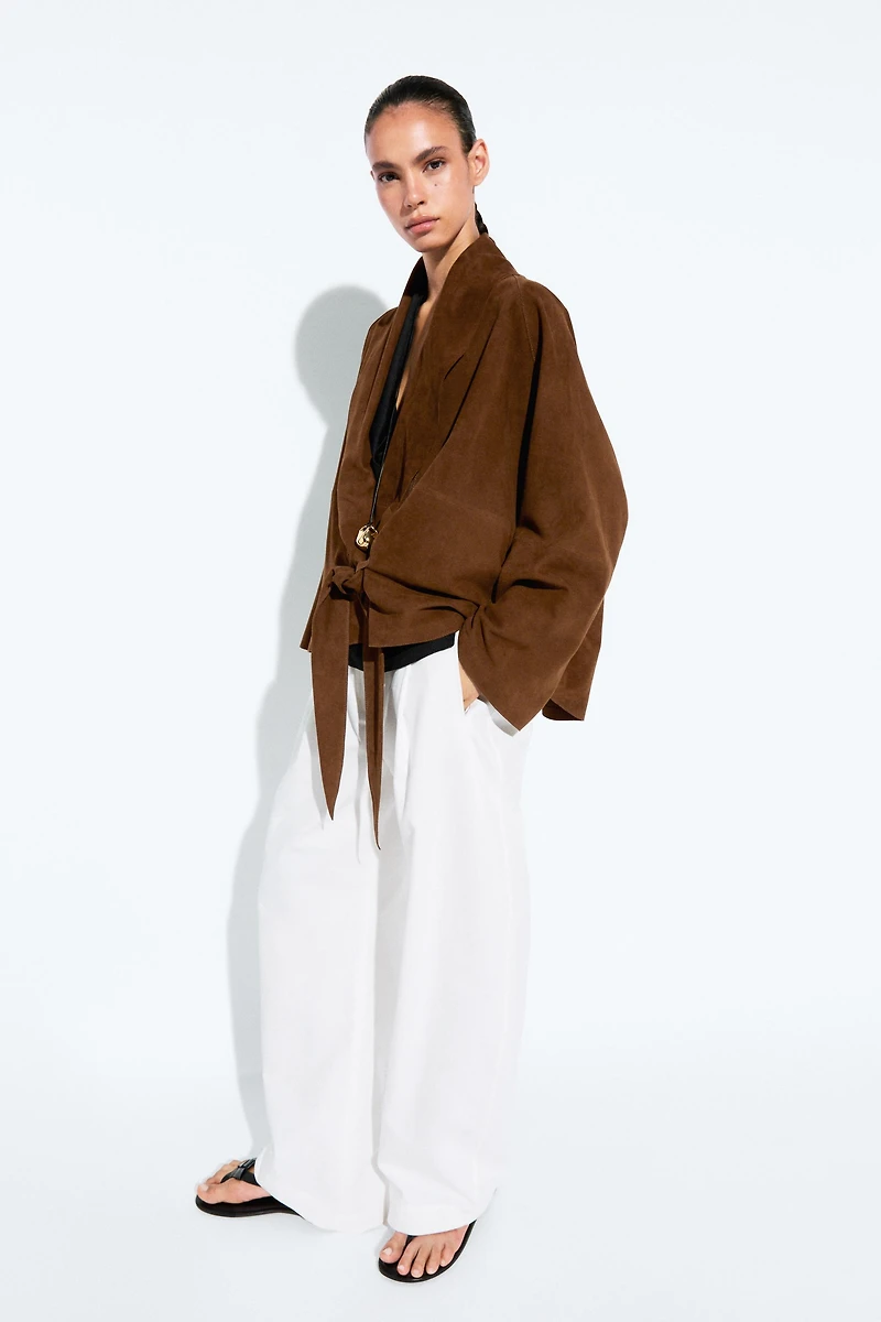 Suede leather wrap kimono