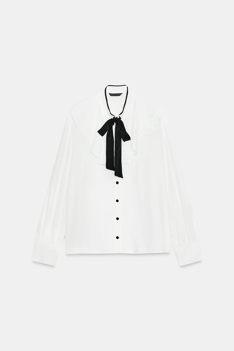 CONTRAST TIE RUFFLE BLOUSE