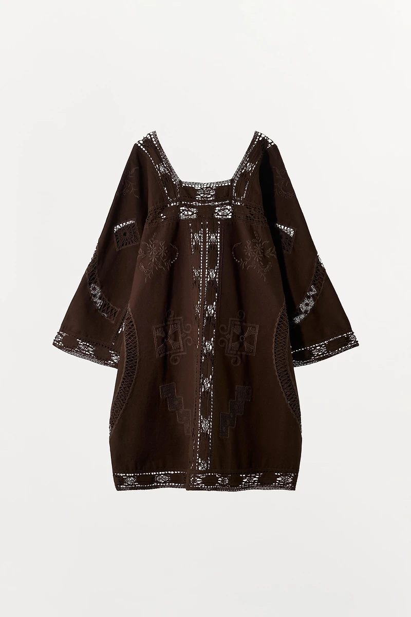 EMBROIDERED EYELET CANVAS DRESS