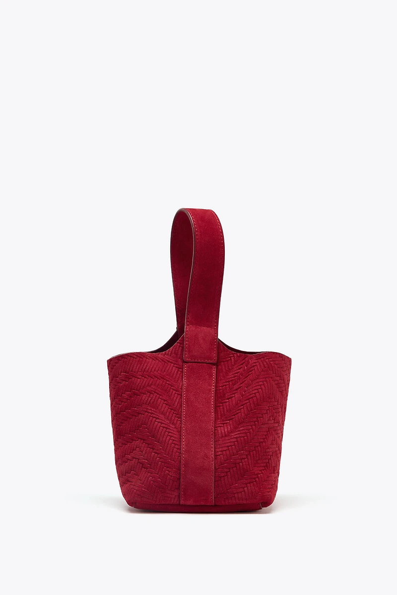BRAIDED SPLIT LEATHER MINI BUCKET BAG